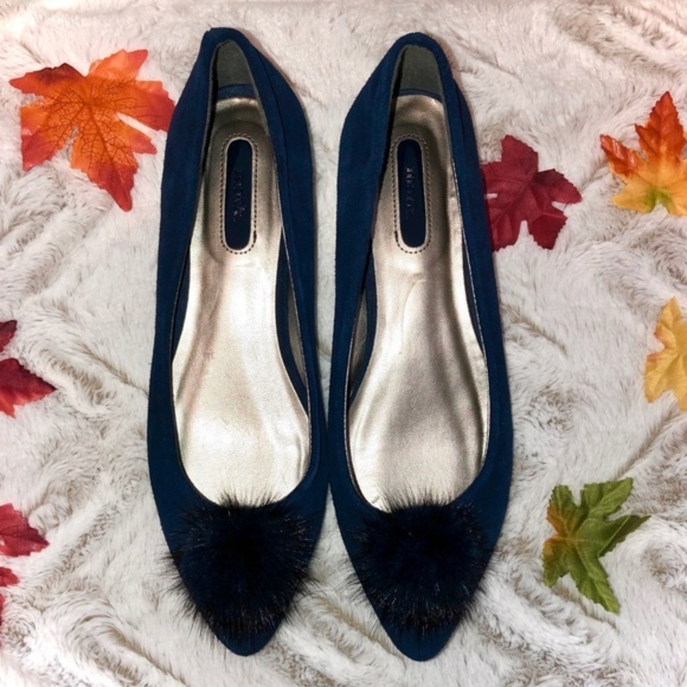 Mark. Navy Suede Pom Pom Flats Size 8 New